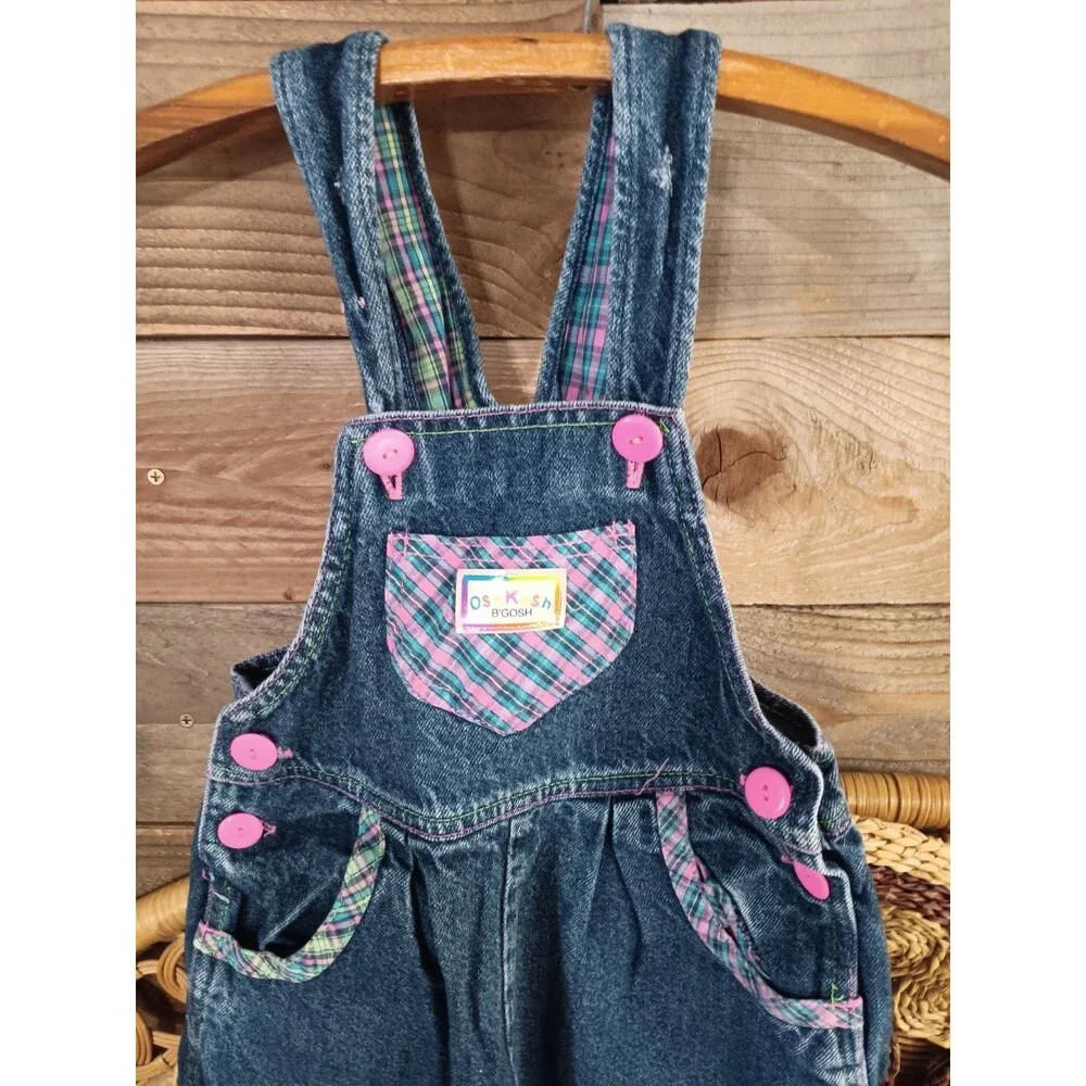 Vintage OshKosh B'Gosh Girls Vestbak Sz 6X Denim Overalls USA Patches Plaid Pink